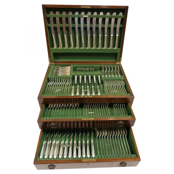 English Sterling Silver Flatware Set In Fitted Cabinet. 200 Piece Set For 12 People
