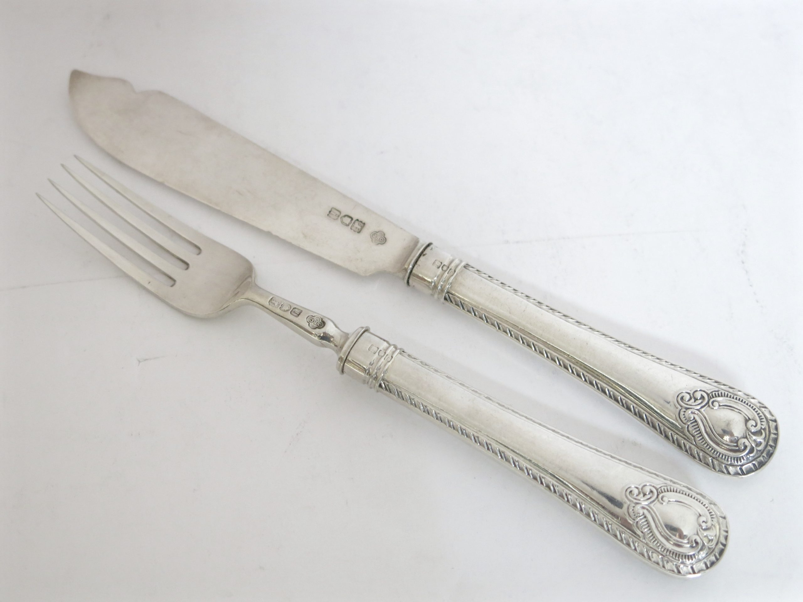 Antique English 12pr Fish Knives & Forks. Sterling Silver Handles & Blades. 1904
