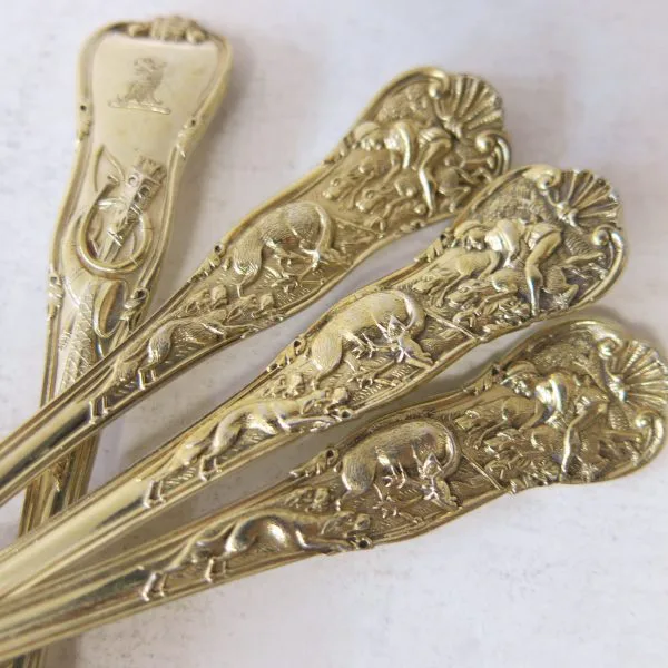 Stag Hunt, Six Antique English, Sterling Silver Ice Cream Spoons, Vermeil