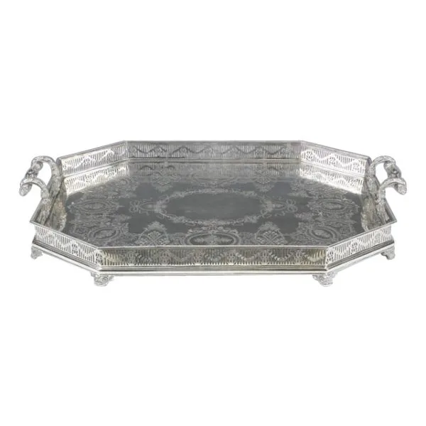 Large, Decorative Antique English Silver Gallery Tray
