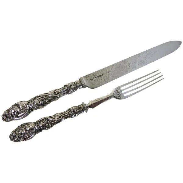 Art Nouveau, Cake Knife & Fork. Antique English, Sterling Silver